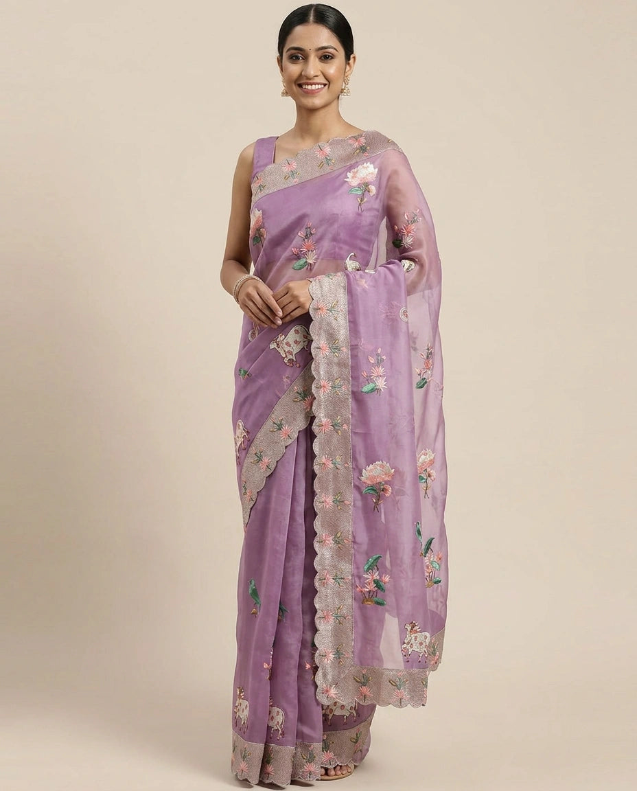 Organza Embroidered Saree - Rangoli India