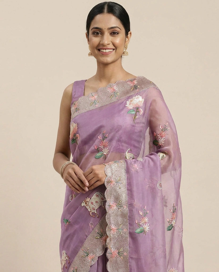 Organza Embroidered Saree - Rangoli India