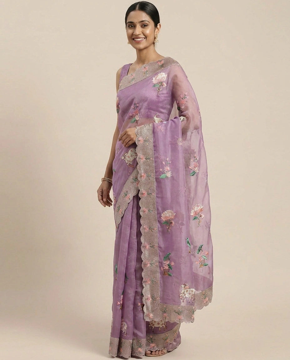 Organza Embroidered Saree - Rangoli India