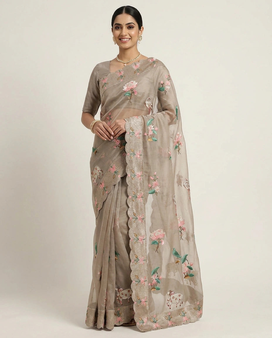 Organza Embroidered Saree - Rangoli India