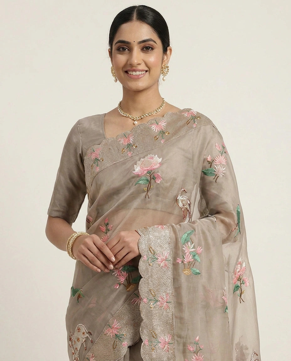 Organza Embroidered Saree - Rangoli India
