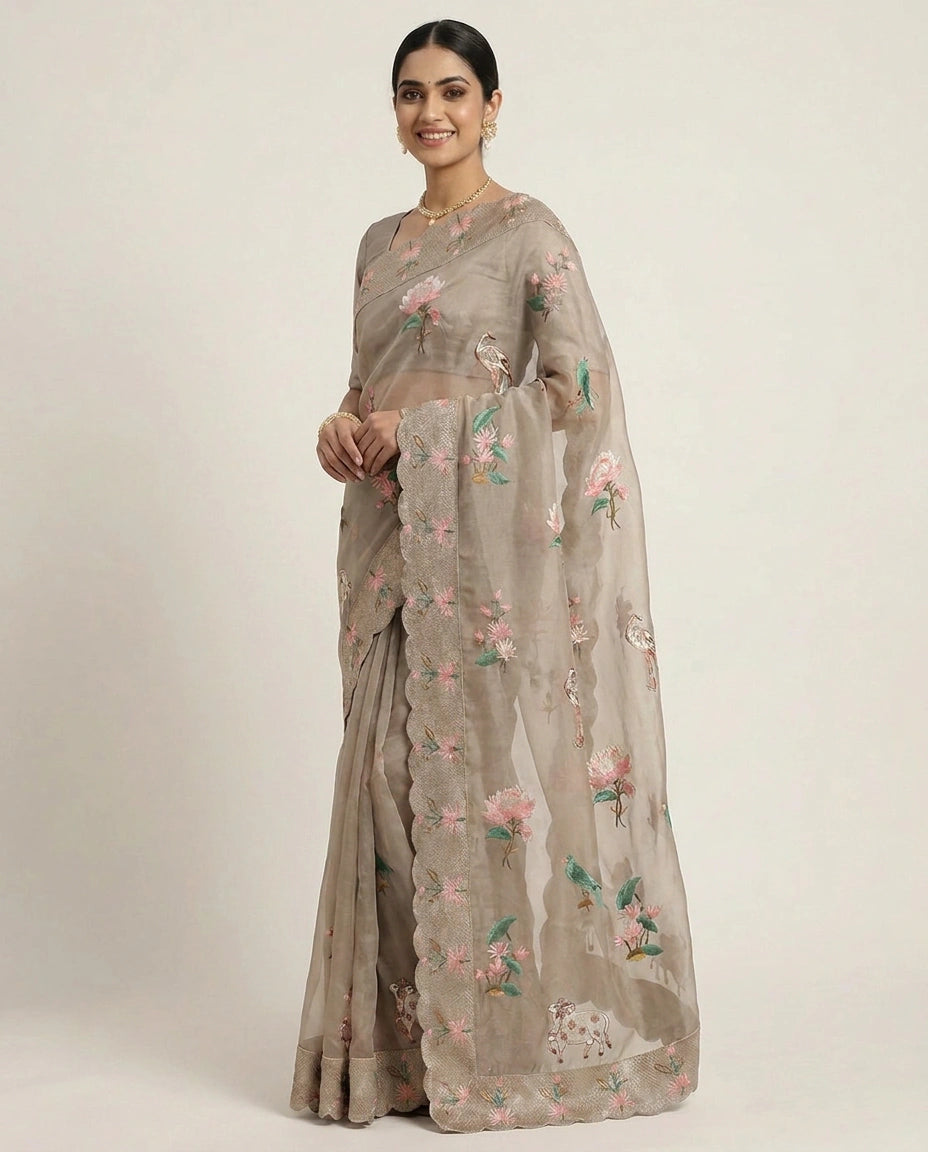 Organza Embroidered Saree - Rangoli India