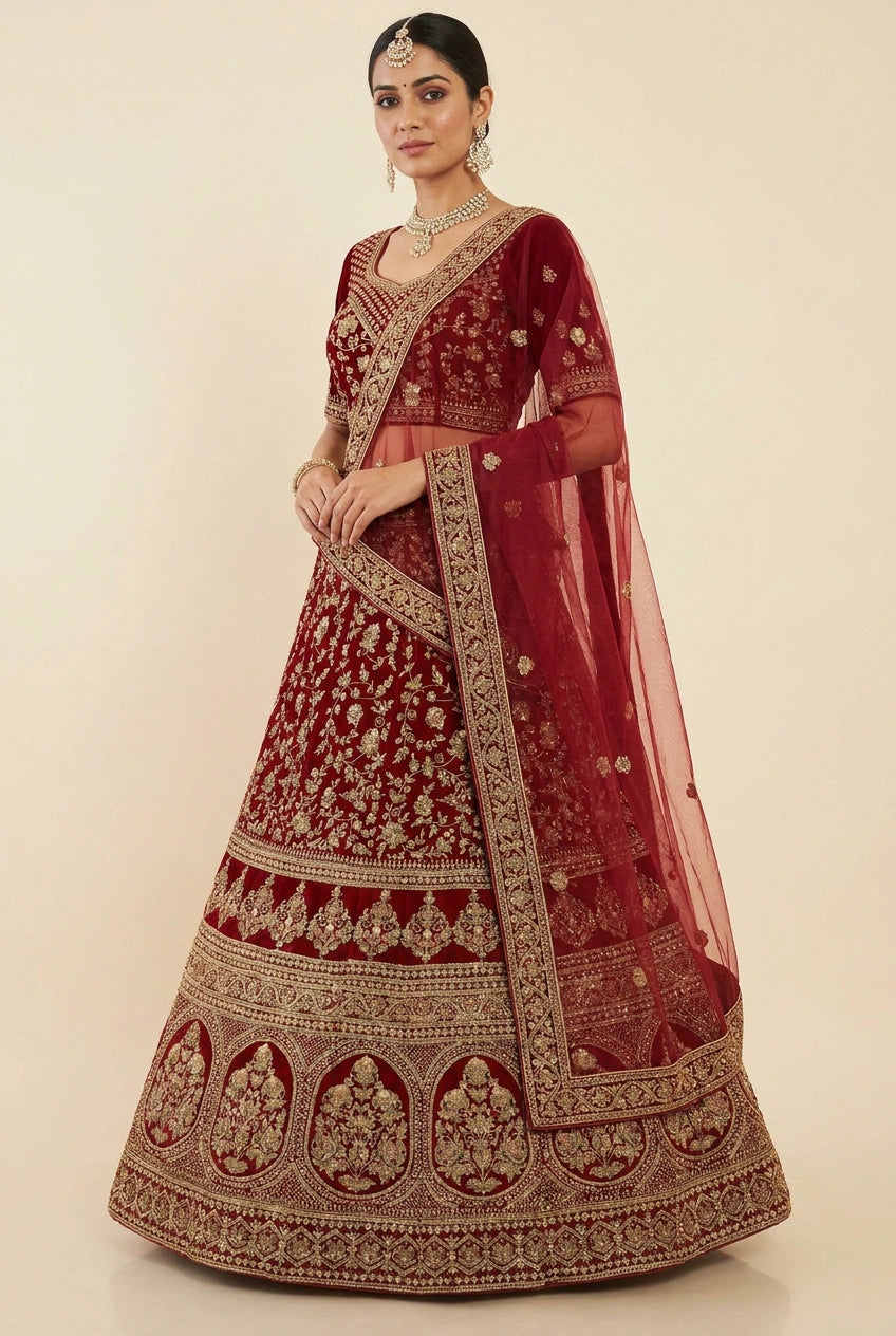Maroon Velvet Lehenga Set with Dabka Detail for Winter Wedding