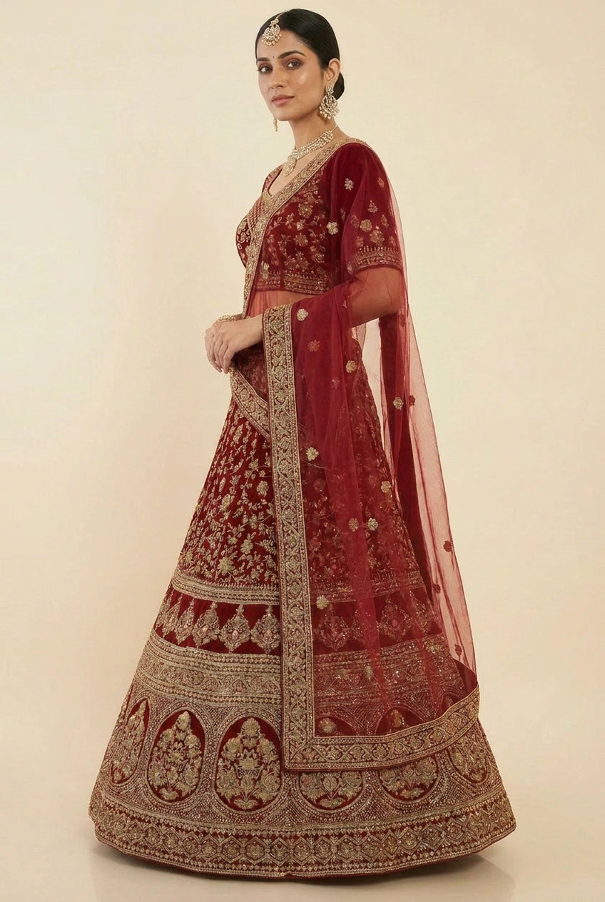 Maroon Velvet Lehenga Set with Dabka Detail for Winter Wedding