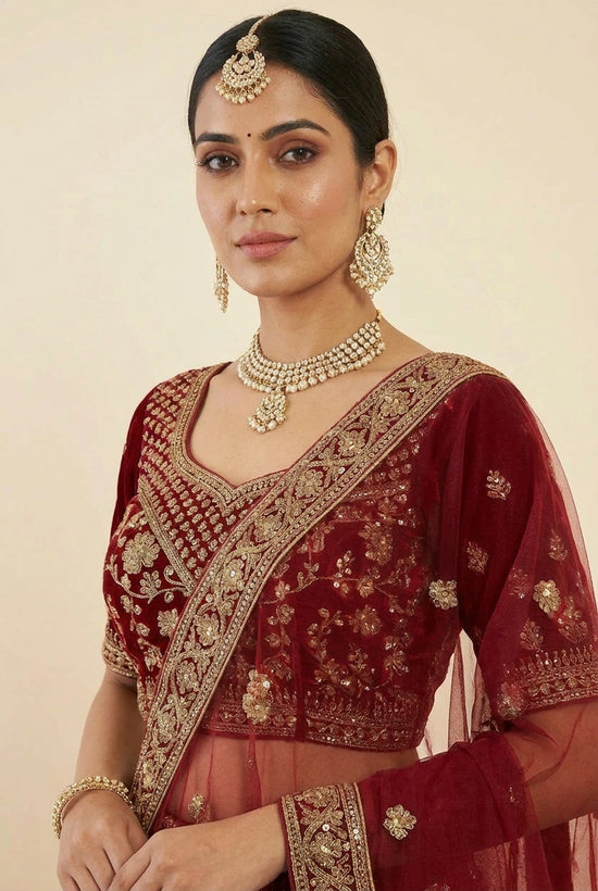 Maroon Velvet Lehenga Set with Dabka Detail for Winter Wedding