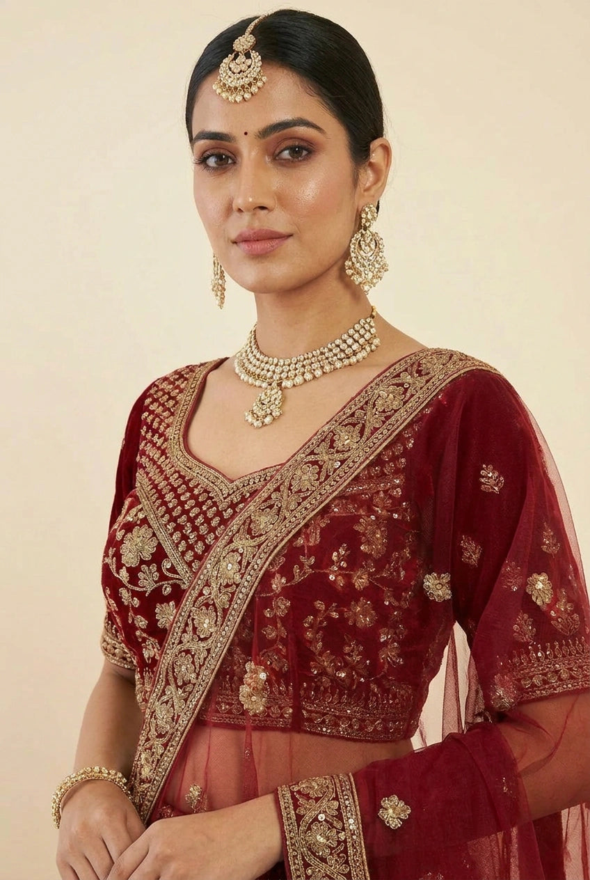 Maroon Velvet Lehenga Set with Dabka Detail for Winter Wedding