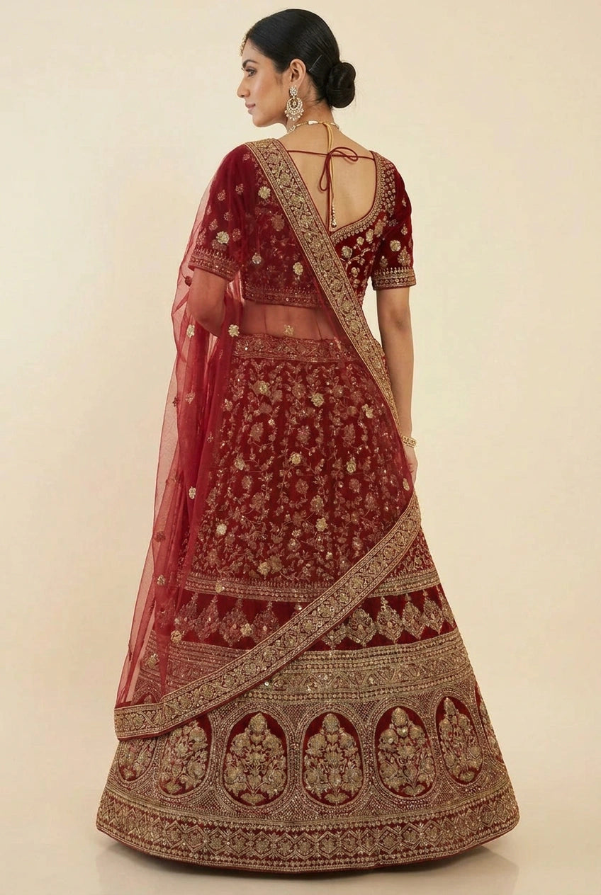 Maroon Velvet Lehenga Set with Dabka Detail for Winter Wedding