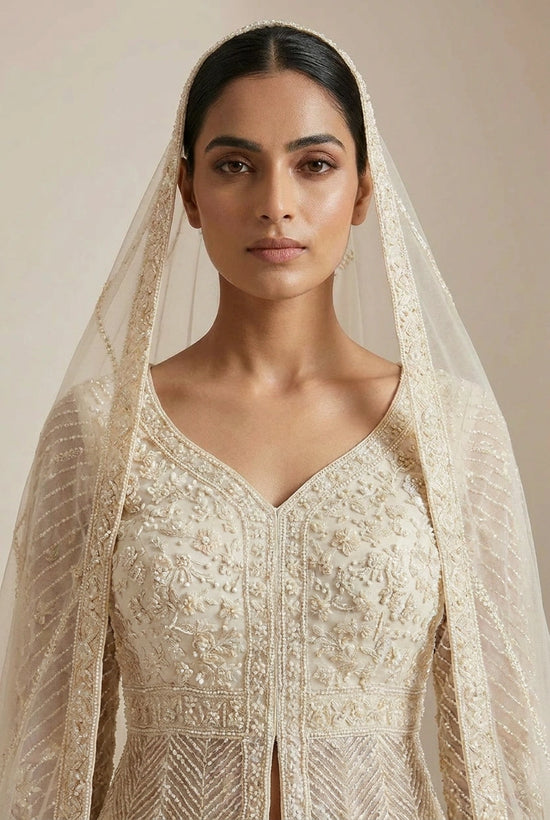 Ivory Embroidered Lehenga Jacket Set with Dupatta Lehenga Achkan by Rangoli