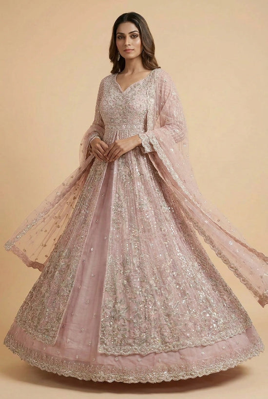 Powder Blue Embroidered Net Lehenga Achkan Set with Dupatta by Rangoli