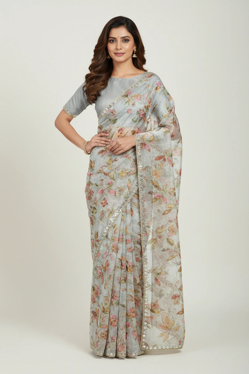 Off White Premium Chinon Chiffon Embroidered Saree