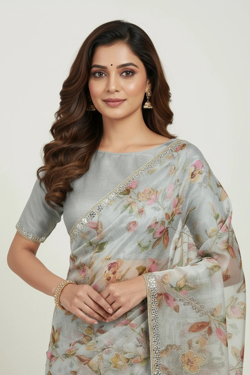 Off White Premium Chinon Chiffon Embroidered Saree