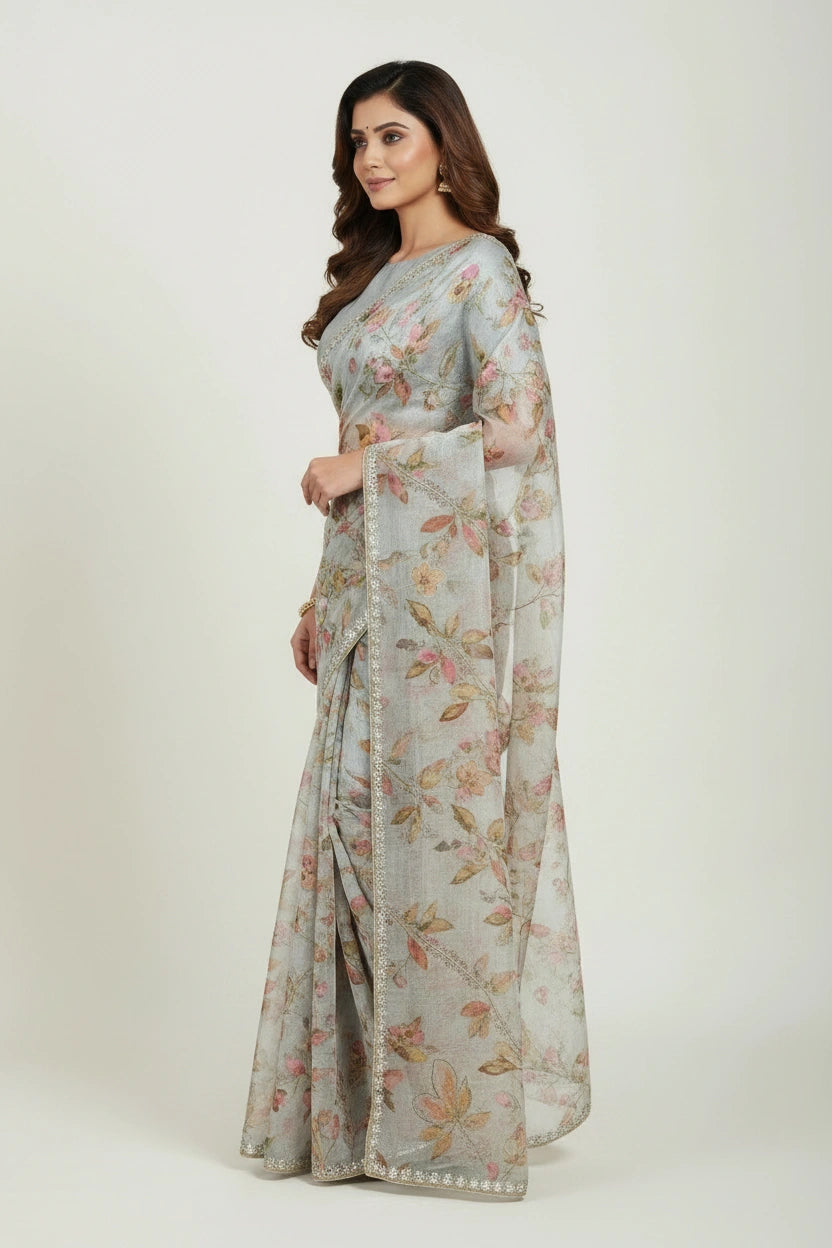 Off White Chinon Chiffon Embroidered Saree