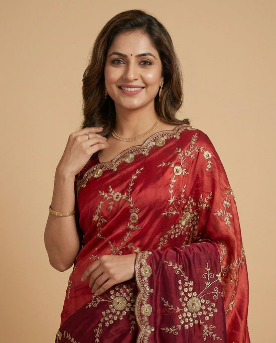 Red Embroidered Saree in HO Silk - Rangoli India