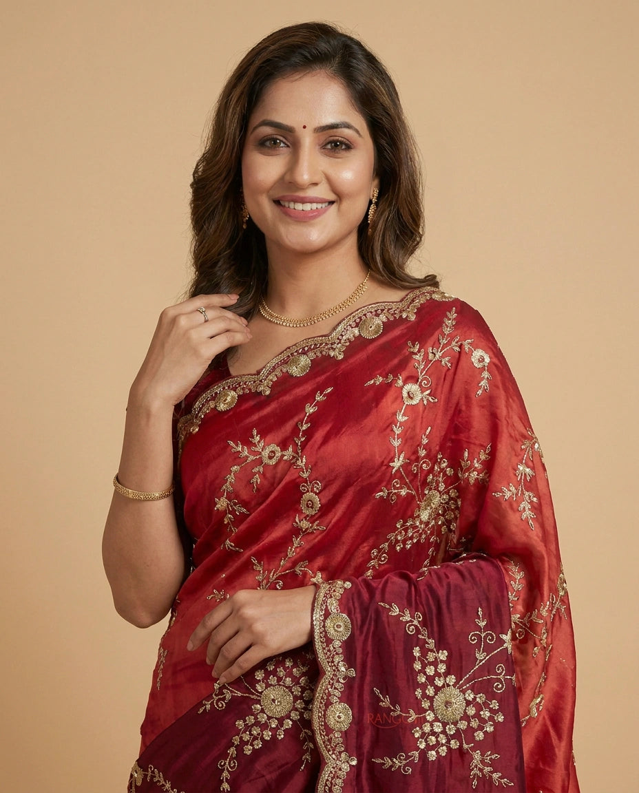 Red Embroidered Saree in HO Silk - Rangoli India