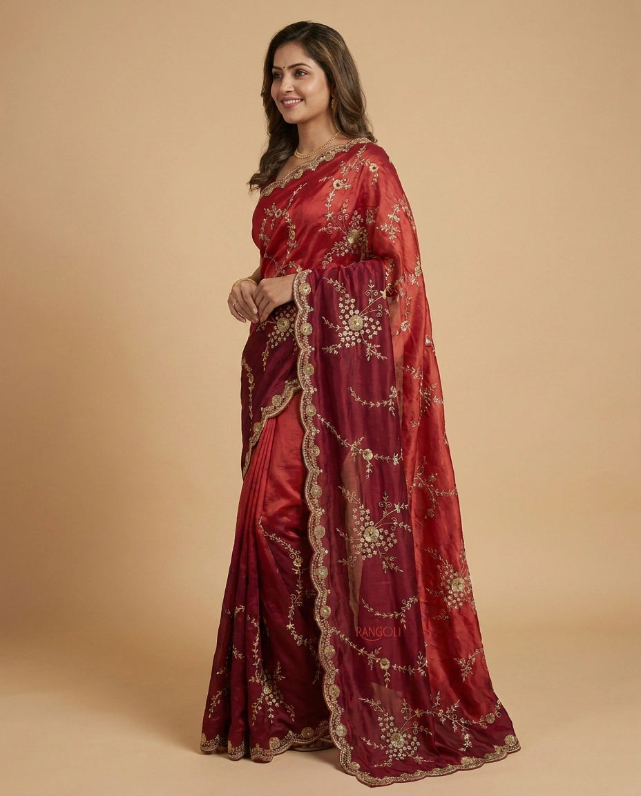 Red Embroidered Saree in HO Silk - Rangoli India