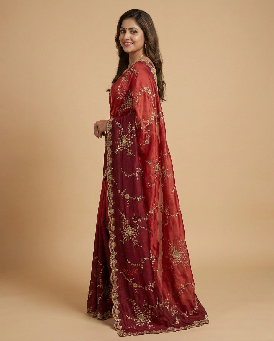 Red Embroidered Saree in HO Silk - Rangoli India