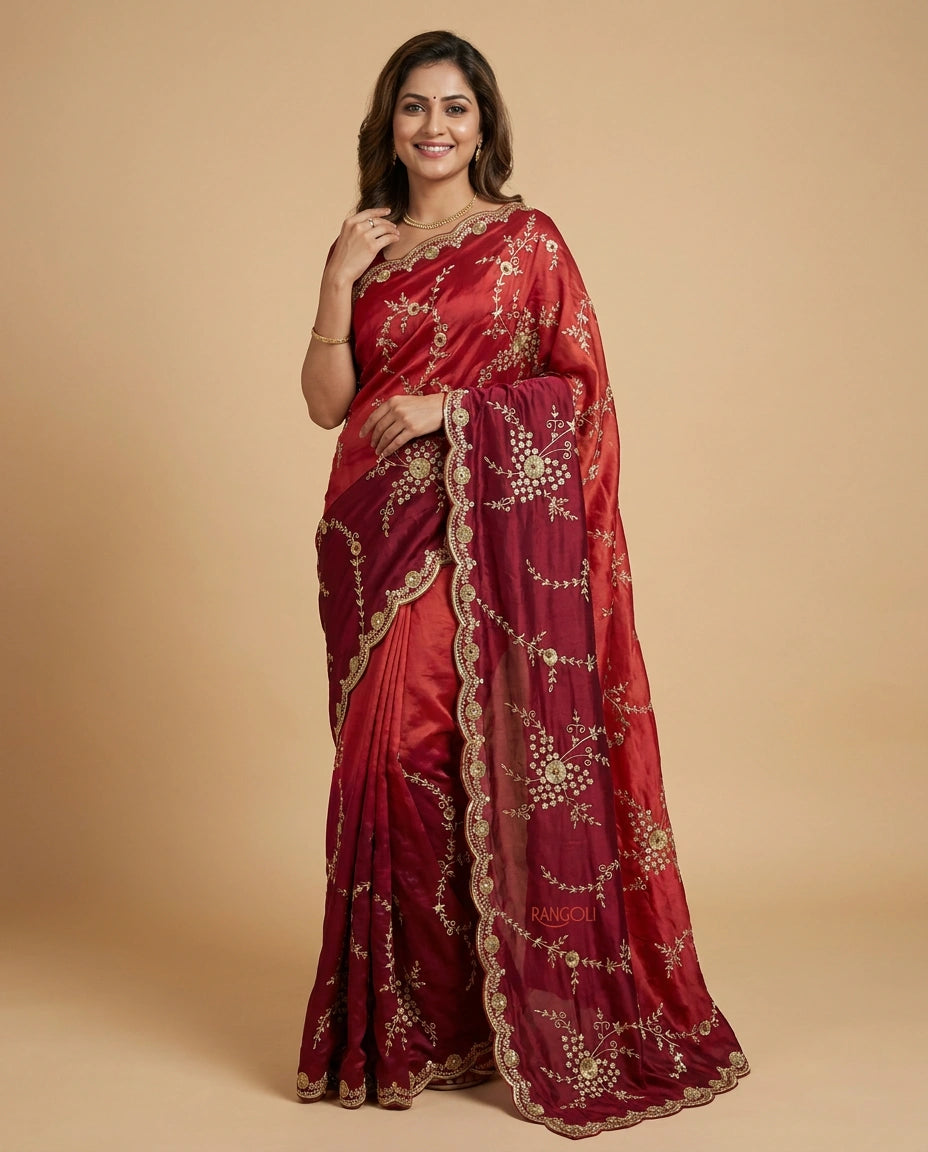 Red Embroidered Saree in HO Silk - Rangoli India