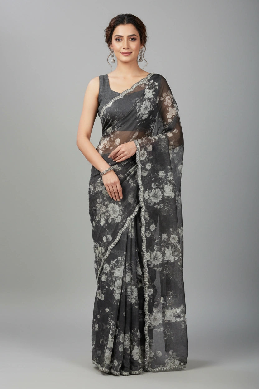 Embroidered Chinon Silk Saree - Featherlight Festive Drape | Rangoli