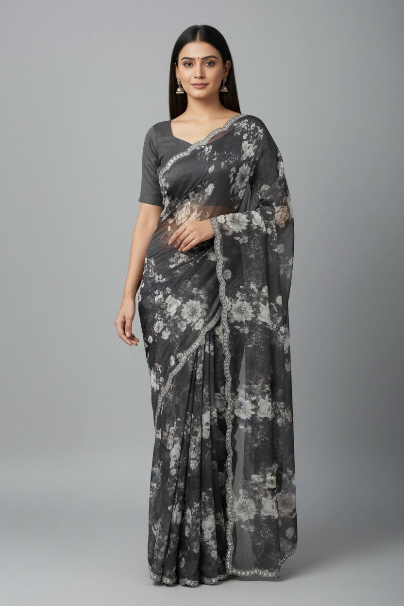Embroidered Chinon Silk Saree - Featherlight Festive Drape - View 2 | Rangoli