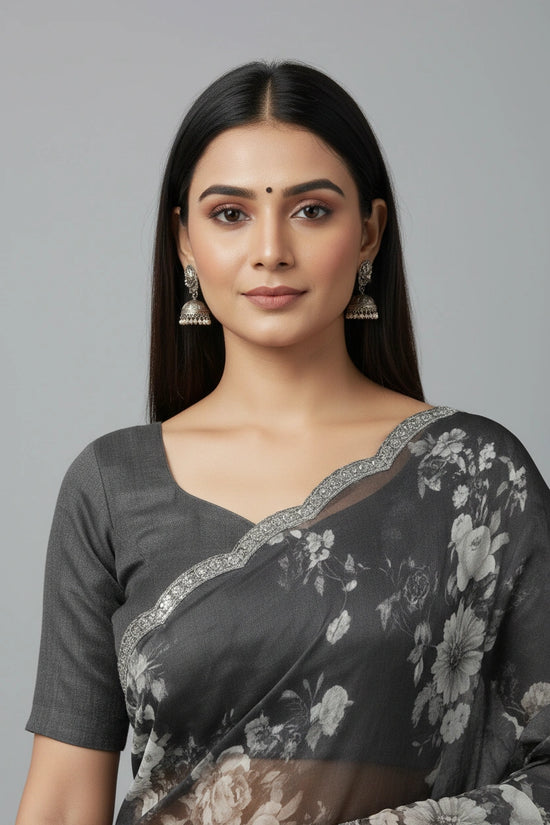 Embroidered Chinon Silk Saree - Featherlight Festive Drape - View 3 | Rangoli