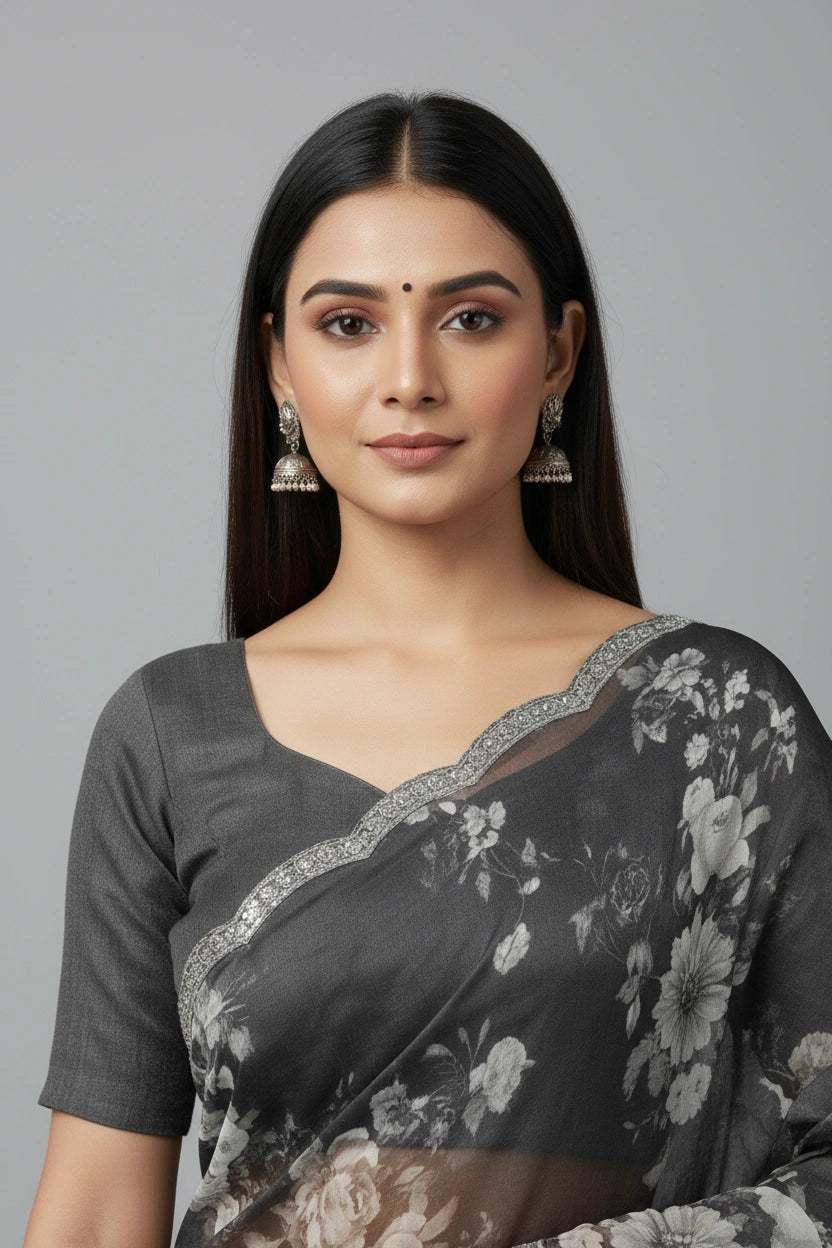 Embroidered Chinon Silk Saree - Featherlight Festive Drape - View 3 | Rangoli