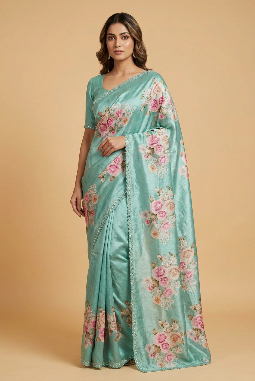 Off White Rose Print Chinon Saree with Lace Border Designer Saree by Rangoli