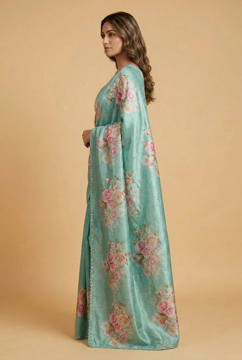 Off White Rose Print Chinon Saree with Lace Border Designer Saree by Rangoli