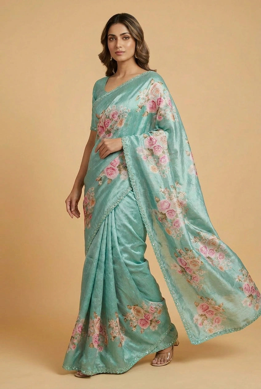 Off White Rose Print Chinon Saree with Lace Border Designer Saree by Rangoli