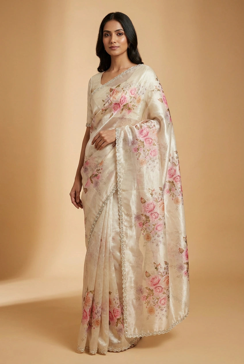 Off White Rose Print Chinon Saree with Lace Border Designer Saree by Rangoli