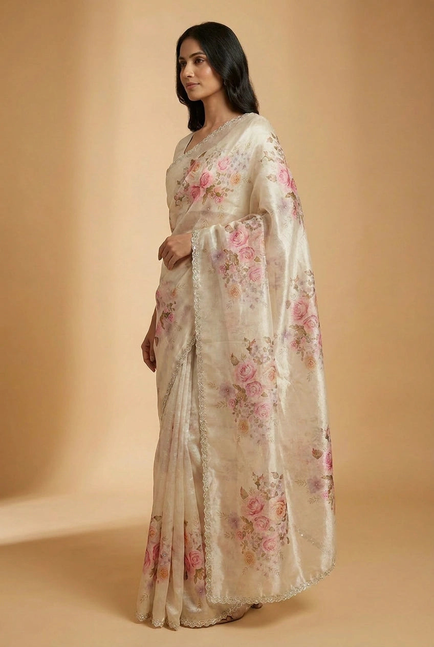 Off White Rose Print Chinon Saree with Lace Border Designer Saree by Rangoli