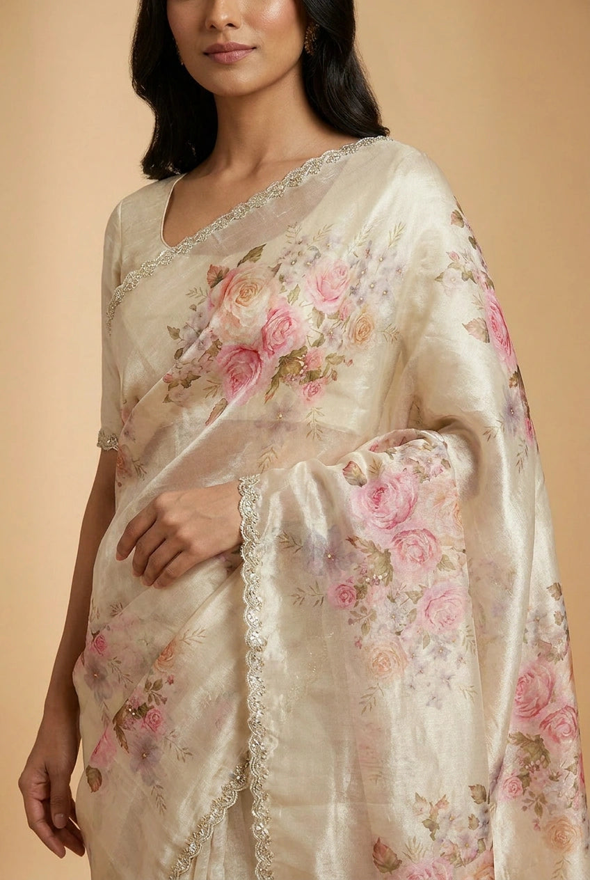 Off White Rose Print Chinon Saree with Lace Border Designer Saree by Rangoli
