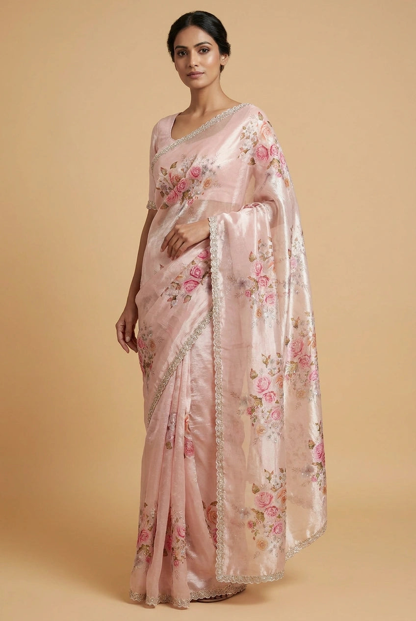 Off White Rose Print Chinon Saree with Lace Border Designer Saree by Rangoli