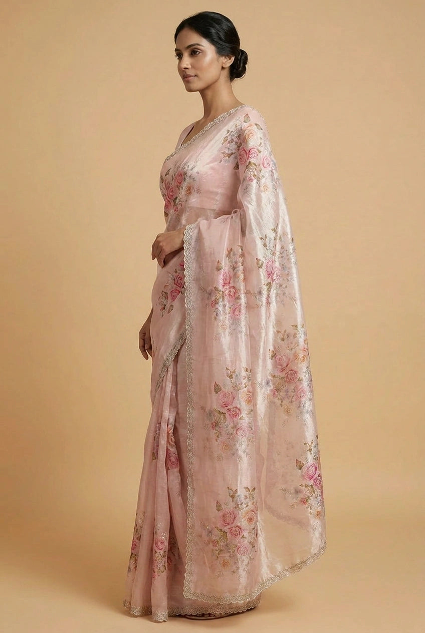 Off White Rose Print Chinon Saree with Lace Border Designer Saree by Rangoli