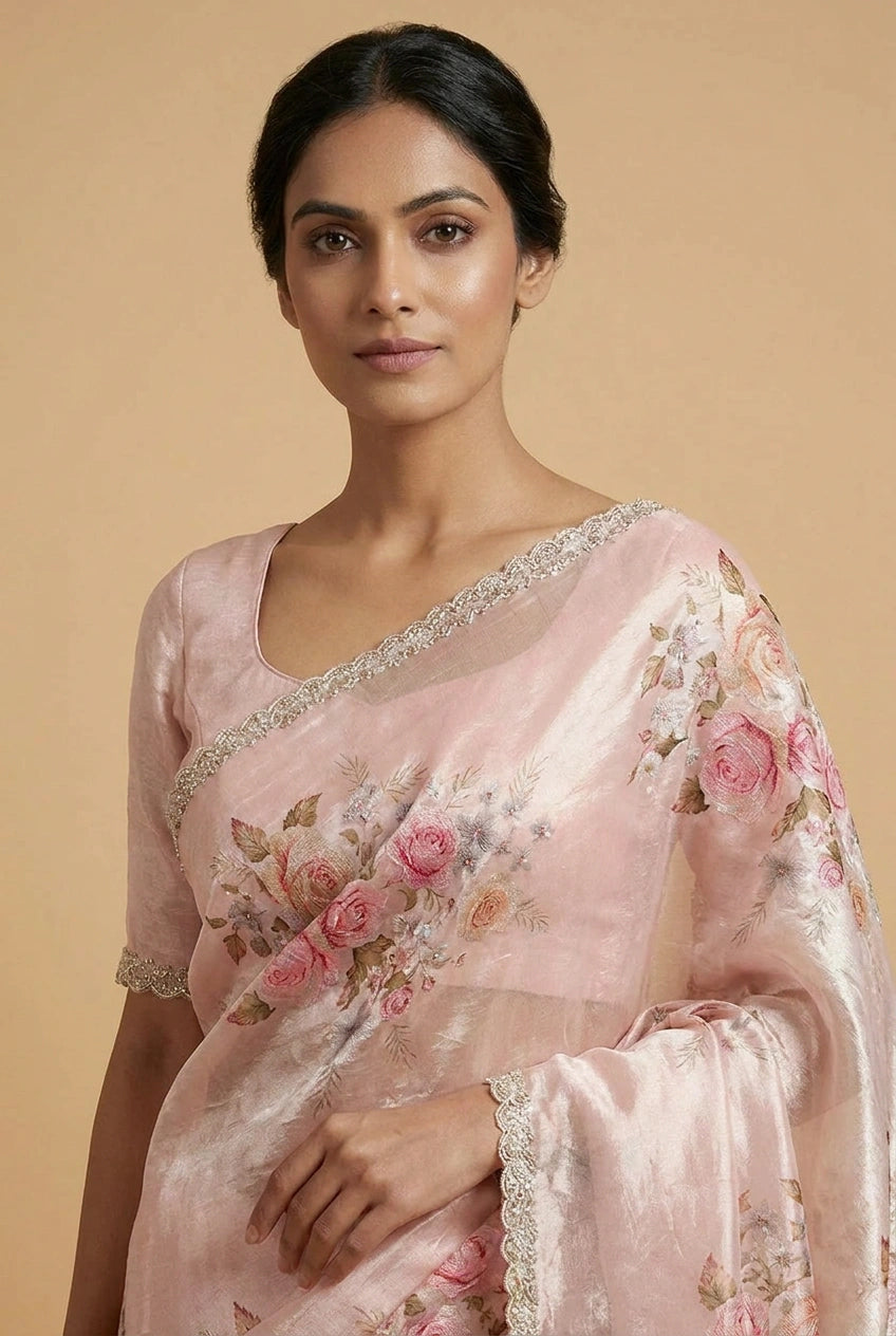 Off White Rose Print Chinon Saree with Lace Border Designer Saree by Rangoli