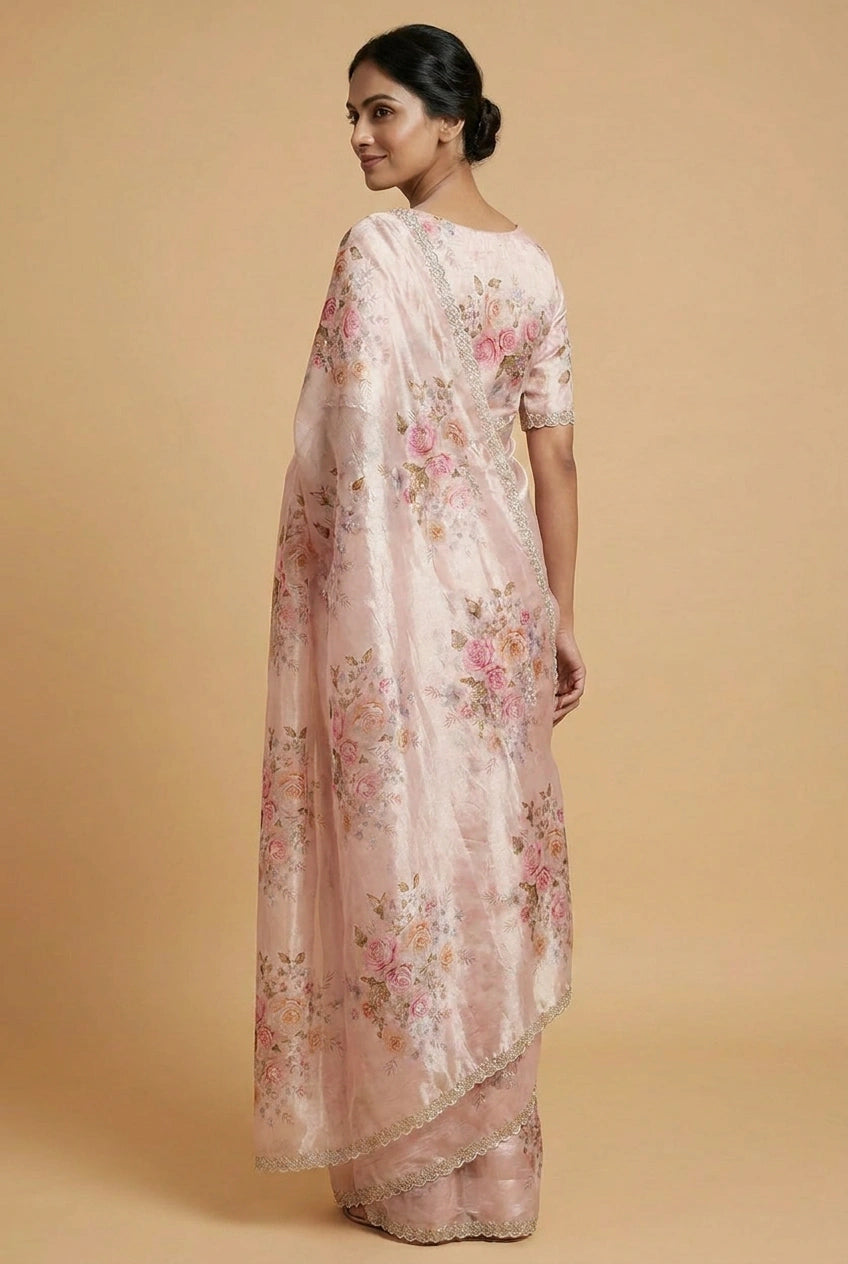 Off White Rose Print Chinon Saree with Lace Border Designer Saree by Rangoli