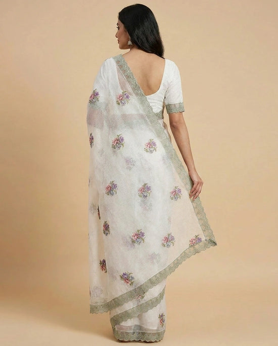 Kota Doria Saree with Floral Embroidery Border and Pallu view 2