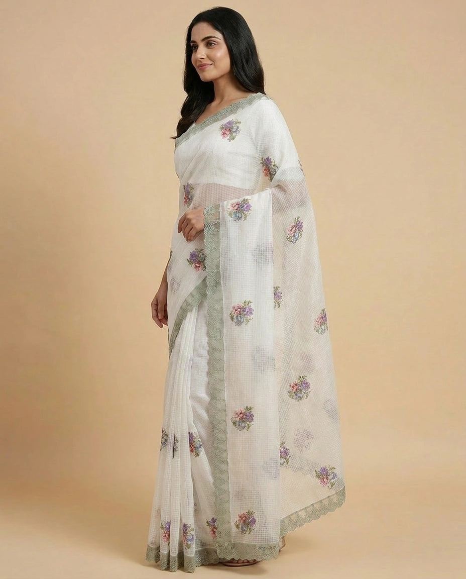 Kota Doria Saree with Floral Embroidery Border and Pallu view 3