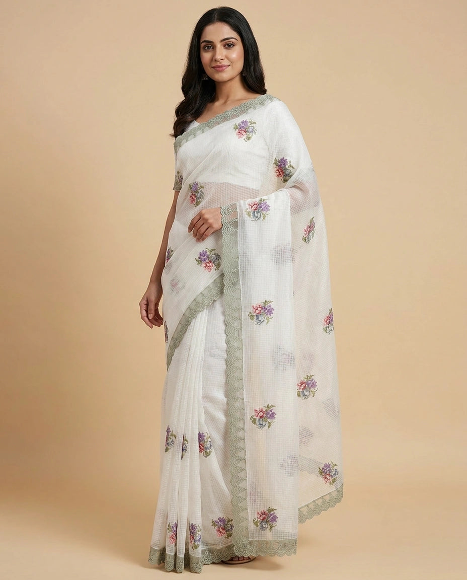 Kota Doria Saree with Floral Embroidery Border and Pallu view 4