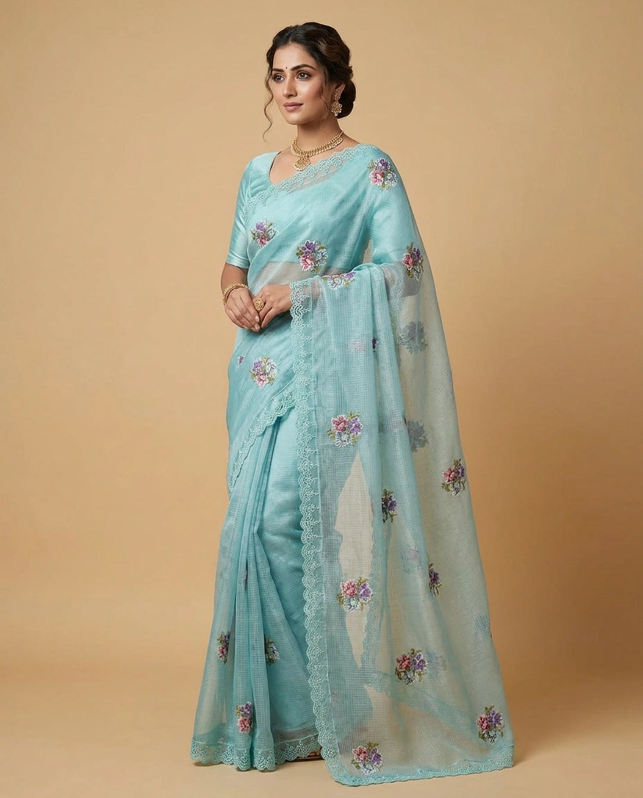 Kota Doria Saree with Floral Embroidery Border and Pallu view 5