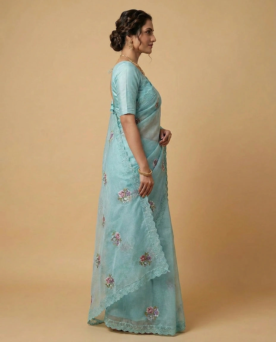 Kota Doria Saree with Floral Embroidery Border and Pallu view 6