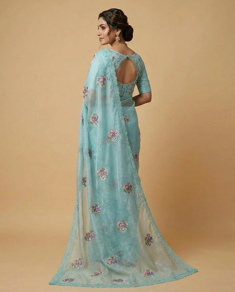 Kota Doria Saree with Floral Embroidery Border and Pallu view 7