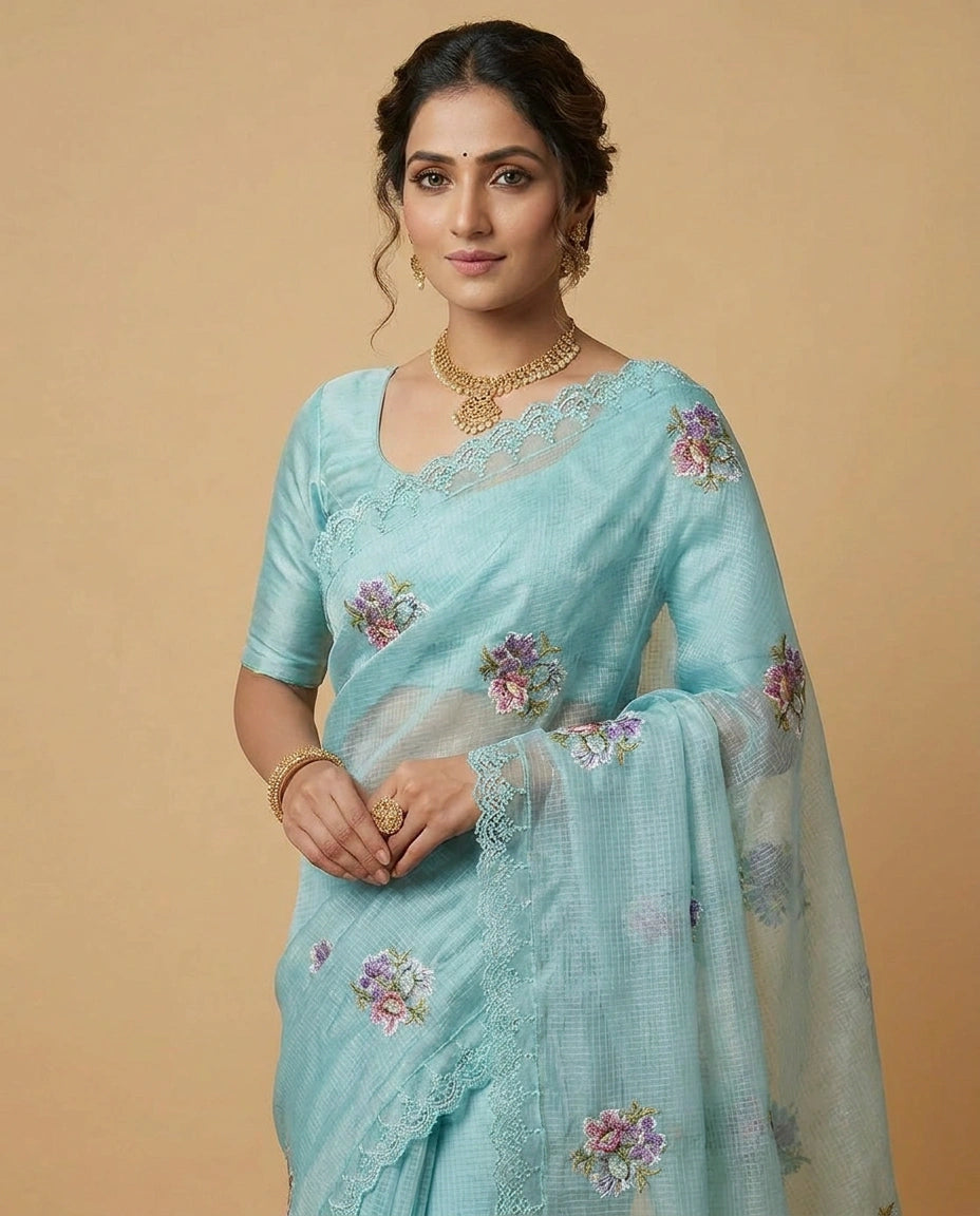 Kota Doria Saree with Floral Embroidery Border and Pallu view 8