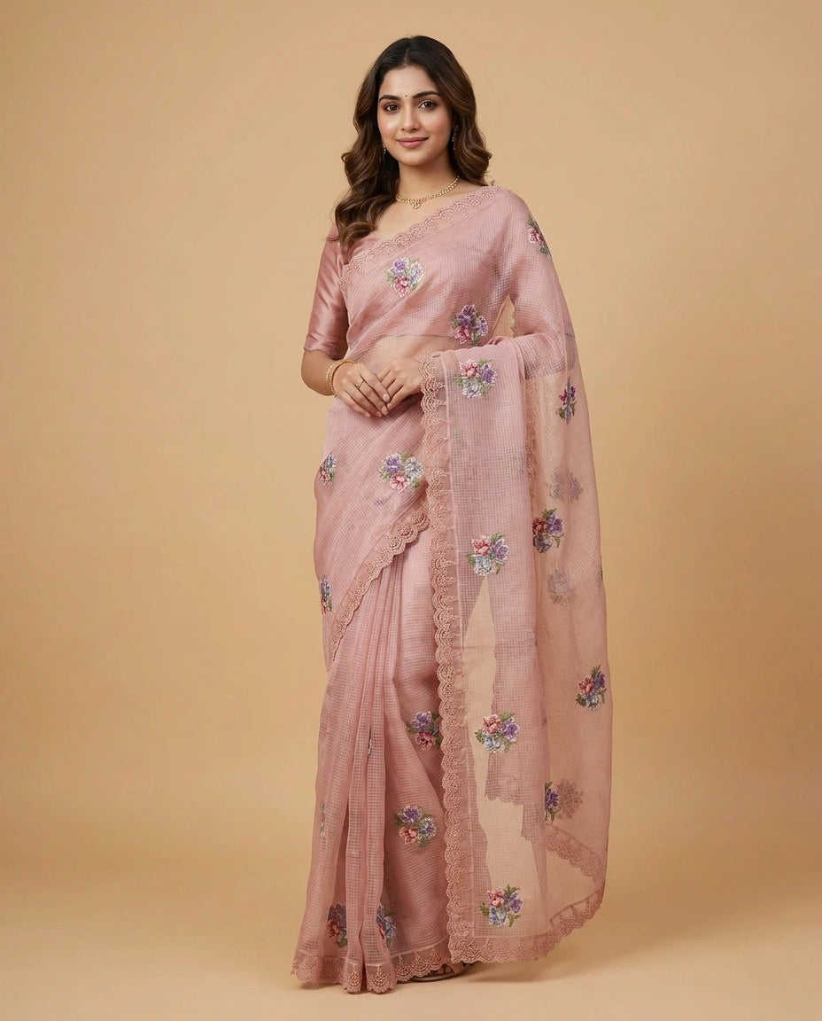 Kota Doria Saree with Floral Embroidery Border and Pallu view 9