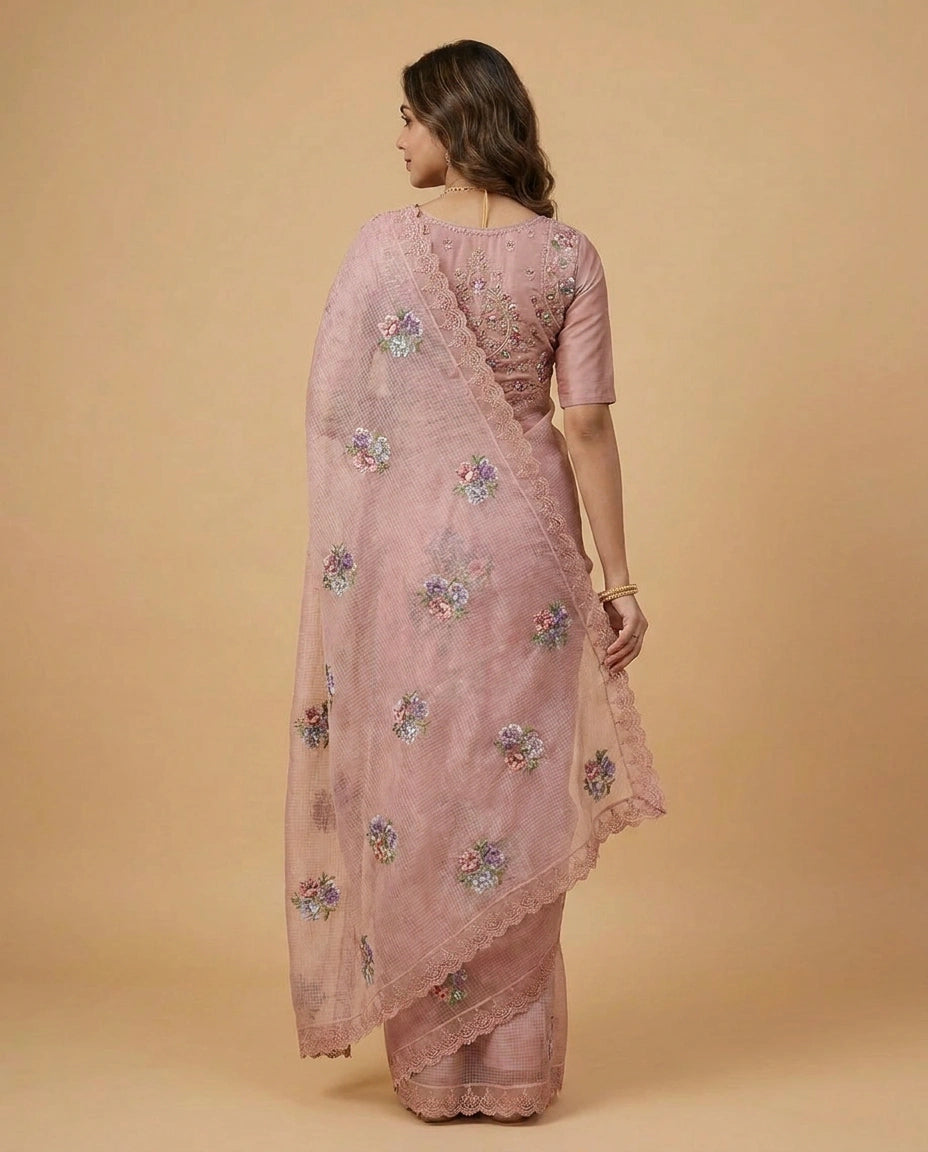 Kota Doria Saree with Floral Embroidery Border and Pallu view 10