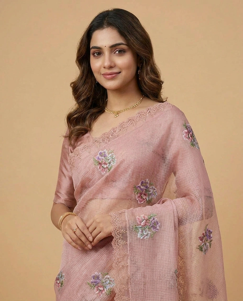 Kota Doria Saree with Floral Embroidery Border and Pallu view 11