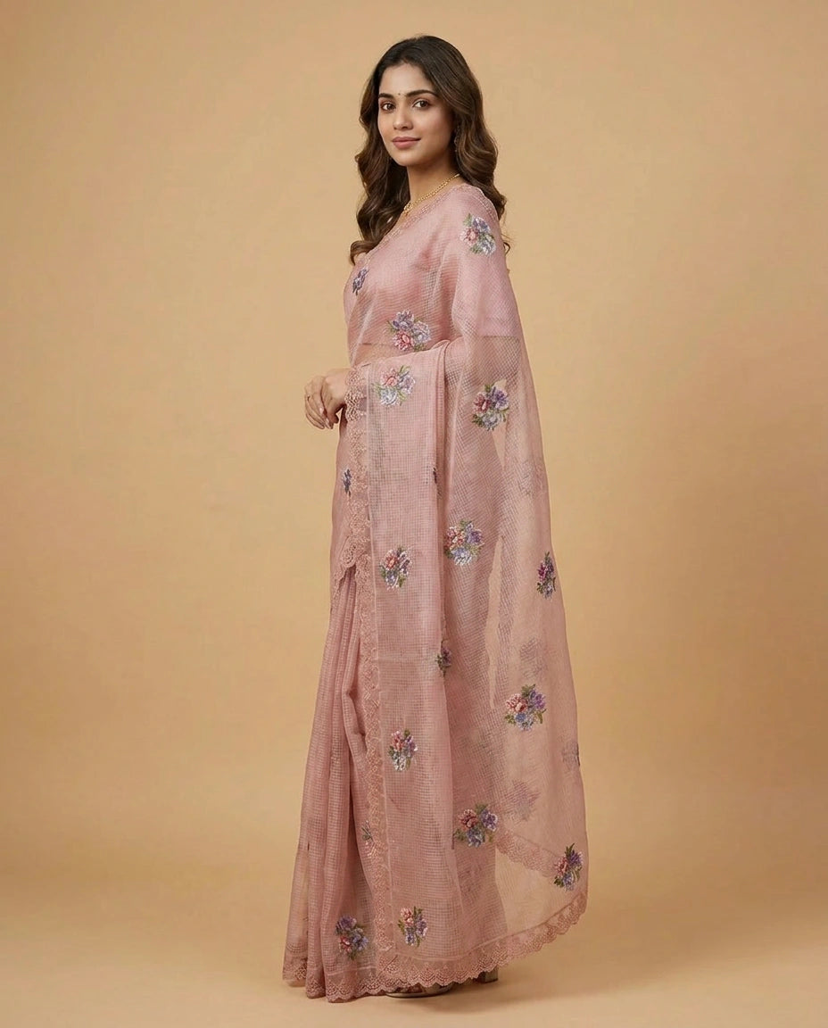 Kota Doria Saree with Floral Embroidery Border and Pallu view 12