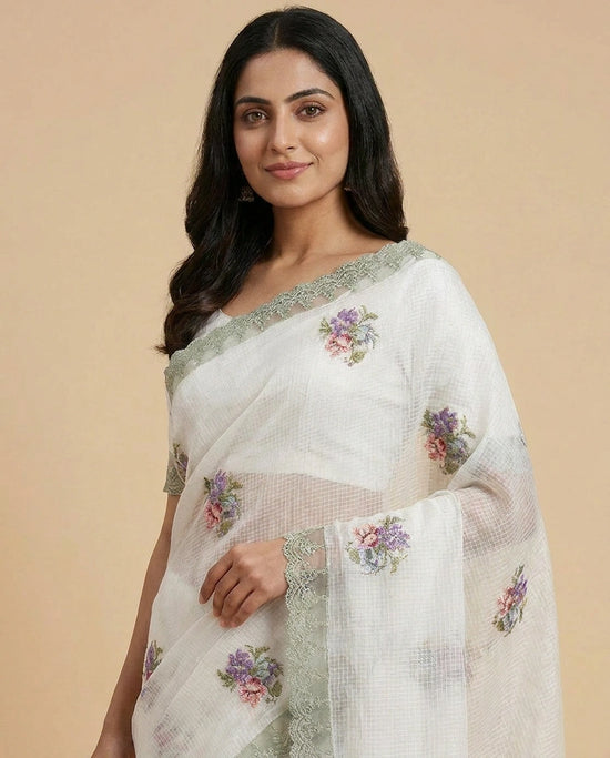 Off White Kota Doria Saree with Floral Embroidery Border and Pallu