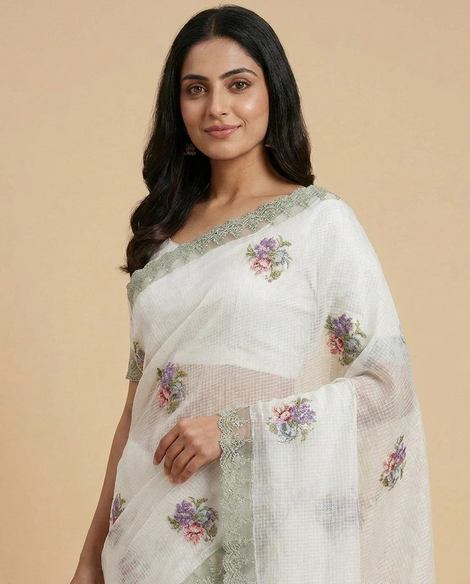 Off White Kota Doria Saree with Floral Embroidery Border and Pallu