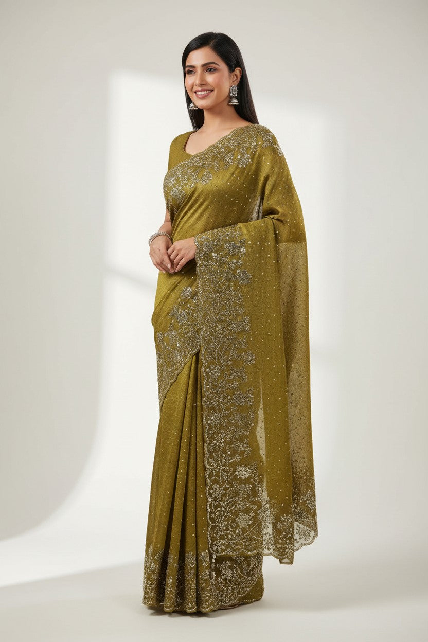 Handcrafted Crush Tissue Embroidery Saree - Rangoli Sarees