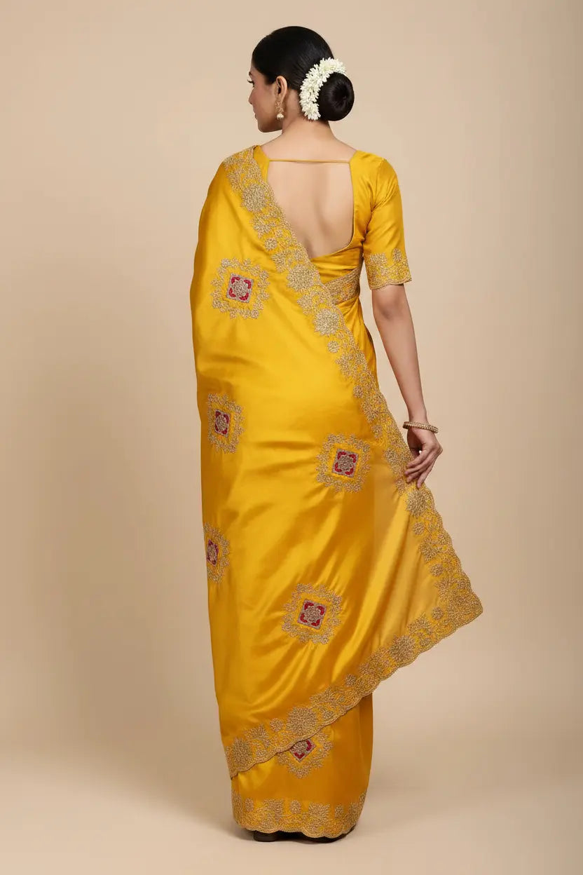 Woman wearing a yellow saree with intricate patterns on a beige background